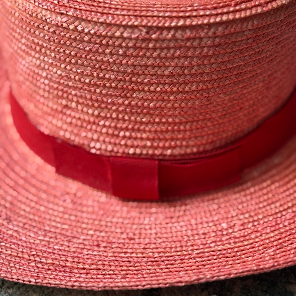Stylish Pink Lele Sadoughi Straw Hat with Red Band